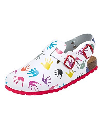 CLINIC DRESS Clog - Clogs Damen mit lustigem Hände-Motiv. Schuhe für Krankenschwestern und Pflegekräfte weiß/bunt, Hände, 37 von CLINIC DRESS