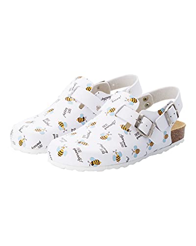 CLINIC DRESS Clog - Damen und Herren Clogs bunt weiß Motiv Biene. Unisex Schuhe für Krankenschwestern, Ärzte und Pflegekräfte. Bis Größe 46 weiß/gelb/schwarz, Bienen 42 von CLINIC DRESS