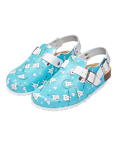 CLINIC DRESS Clog - Clogs Damen bunt weiß Motiv. Schuhe für Krankenschwestern, Ärzte oder Pflegekräfte türkis/weiß, Zahn 39 von CLINIC DRESS