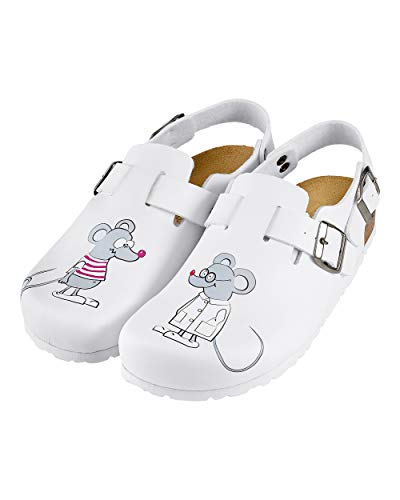 CLINIC DRESS Clog - Clogs Damen bunt weiß Motiv. Schuhe für Krankenschwestern, Ärzte oder Pflegekräfte weiß, Mäuse 38 von CLINIC DRESS
