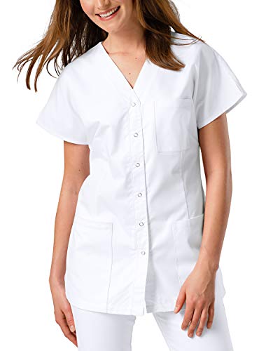 CLINIC DRESS Kasack Damen 1/2 Arm Druckknöpfe mit Brusttasche Seitentaschen Seitenschlitze 95° Wäsche weiß, XS von CLINIC DRESS