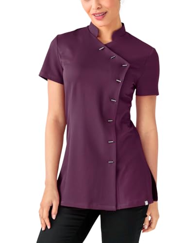 CLINIC DRESS Kasack Damen |1/2 Arm | Slim Fit | 4-Wege-Stretch | asymmetrische Knopfleiste | Stehkragen | Länge ca .75cm | Industriewäsche geeignet | 60 Grad Wäsche Pflaume M von CLINIC DRESS