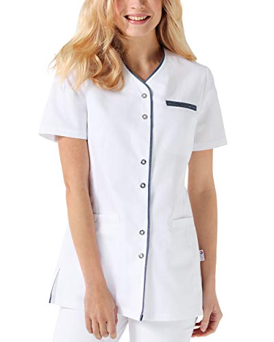 CLINIC DRESS Kasack Damen-Kasack 1/2 Arm V-Ausschnitt mit Brusttasche und 2 Seitentaschen 60 Grad waschbar weiß/Jeansblau, 38 von CLINIC DRESS
