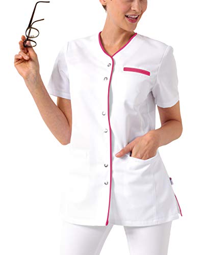 CLINIC DRESS Kasack Damen-Kasack 1/2 Arm V-Ausschnitt mit Brusttasche und 2 Seitentaschen 60 Grad waschbar weiß/pink 36 von CLINIC DRESS