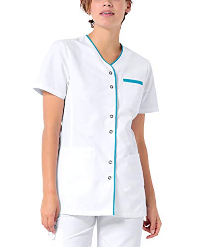 CLINIC DRESS Kasack Damen-Kasack 1/2 Arm V-Ausschnitt mit Brusttasche und 2 Seitentaschen 60 Grad waschbar weiß/türkis 40 von CLINIC DRESS