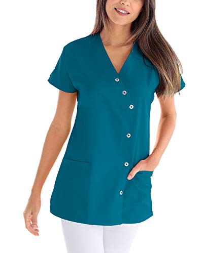 CLINIC DRESS Kasack für Damen V-Ausschnitt Druckknopfleiste für Krankenpflege und Altenpflege 50% Baumwolle 95 Grad Wäsche Petrol 34 von CLINIC DRESS