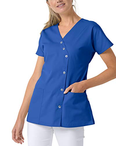 CLINIC DRESS Kasack für Damen V-Ausschnitt Druckknopfleiste für Krankenpflege und Altenpflege 50% Baumwolle 95 Grad Wäsche königsblau 44 von CLINIC DRESS