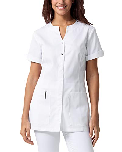 CLINIC DRESS Kasack für Damen leicht tailliert Rundhalsausschnitt verdeckte Druckknopfleiste Ärmelschlitze 2 Seitentaschen 60° Wäsche weiß, 36 von CLINIC DRESS