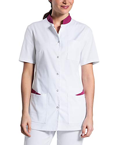 CLINIC DRESS Kasack für Damen leicht tailliert Stehkragen Druckknopfleiste 2 Doppeltaschen mit Druckknopf und Saumverstärkung Seitenschlitze Industriewäsche geeignet 95 Grad Wäsche weiß/Berry 36 von CLINIC DRESS