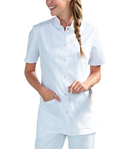 CLINIC DRESS Kasack für Damen leicht tailliert Stehkragen Druckknopfleiste 2 Doppeltaschen mit Druckknopf und Saumverstärkung Seitenschlitze Industriewäsche geeignet 95 Grad Wäsche weiß, 38 von CLINIC DRESS