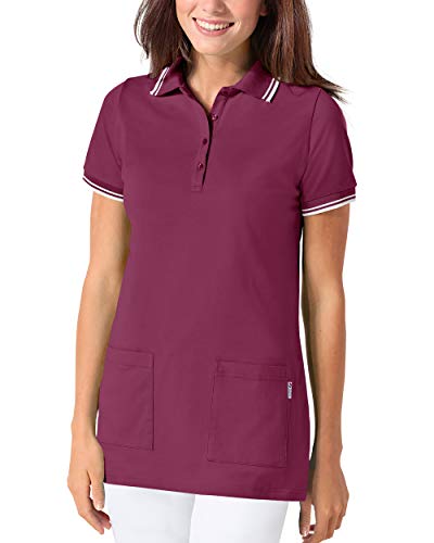 CLINIC DRESS Longshirt Damen-Longshirt mit Polokragen 73 cm lang mit Seitenschlitzen, mit Stretch Berry/weiß 42/44 von CLINIC DRESS