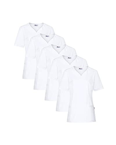 CLINIC DRESS Schlupfkasack 5er-Pack Damen Kasacks für Pflege Ärzte und Ärztinnen Praxisteam 2 Taschen leicht tailliert weiß, XL von CLINIC DRESS