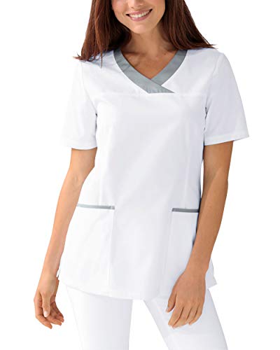 CLINIC DRESS Schlupfkasack Damen-Kasack für die Pflege 1/2 Arm V-Ausschnitt 2 Seitentaschen mit Passennaht 50% Baumwolle 60 Grad Wäsche weiß/grau 34 von CLINIC DRESS