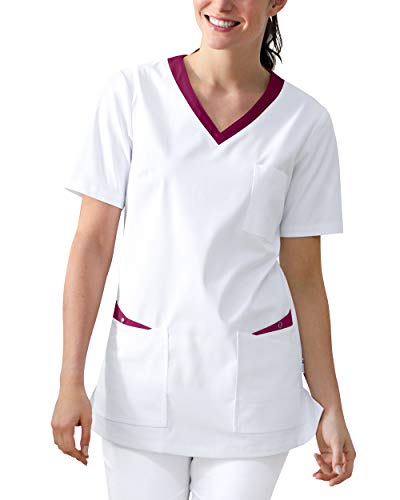CLINIC DRESS Schlupfkasack Damen Kasack für die Pflege mit V-Ausschnitt und festem Material Länge ca. 74cm 95 Grad Wäsche weiß/Berry, 40 von CLINIC DRESS