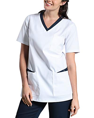 CLINIC DRESS Schlupfkasack Damen Kasack für die Pflege mit V-Ausschnitt und festem Material Länge ca. 74cm 95 Grad Wäsche weiß/Navy, 50 von CLINIC DRESS