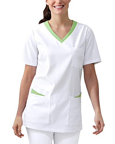 CLINIC DRESS Schlupfkasack Damen Kasack für die Pflege mit V-Ausschnitt und festem Material Länge ca. 74cm 95 Grad Wäsche weiß/apfelgrün, 46 von CLINIC DRESS