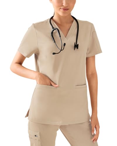 CLINIC DRESS Schlupfkasack I kaere I Damen-Kasack Pflege Arbeitskleidung I V-Ausschnitt | Länge ca. 68 cm | Kurzarm I Industriewäsche geeignet | bis 75 Grad waschbar | Sand M von CLINIC DRESS