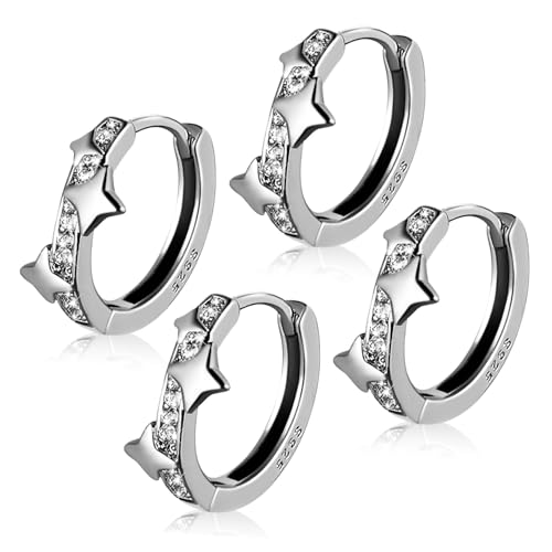 CLISPEED 2 Paare Kleine Creolen Ohrringe mit Zirkonia Vierzackiger Stern Schmuck für Teenager Damen Leicht und Komfortabel Vielseitig für Geburtstag Hochzeit Party Cartilage Cuff Earrings von CLISPEED