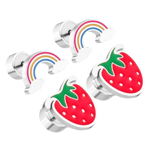 CLISPEED 2 Paare Ohrstecker Set Erdbeer und Regenbogen Ohrringe Hypoallergen Flach Rückseite Süße Kleine Schmuckstücke für Mädchen Vielseitig Elegant von CLISPEED