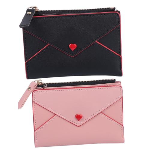 CLISPEED 2 Stück Damen Mini Geldbörse PU mit Reißverschluss und Druckknopf Verschluss Kleines Portemonnaie mit Herzstickerei Kartenhalter und Münzfach Praktische Clutch für Alltag und von CLISPEED