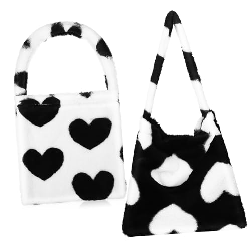 CLISPEED 2 Stück Plüsch Schultertaschen Herzförmige Fuzzy Tote Bags Damen Große Kapazität Kuschelig Weiche Handtaschen für Alltag und Freizeit in Schwarz und Weiß von CLISPEED