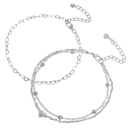 CLISPEED 2 Stück Verstellbare Damen Fußkettchen Teiliges mit Herzanhänger Boho Einzel und Doppellagige Knöchelarmbänder aus Hochwertiger Legierung Romantischer Schmuck für Strandpartys und von CLISPEED