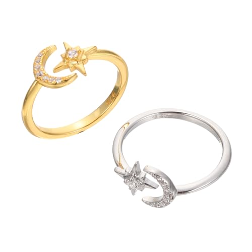 CLISPEED 2 Stück Verstellbare Damen Ringe Mond Stern Open Finger Rings aus Sterling Silber mit Funkelnden Zirkonia Hautfreundlich Eleganter Vintage Schmuck für Alltag und Geschenk von CLISPEED