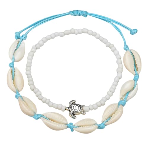 CLISPEED 2 Stück Vintage Fußkettchen mit Verstellbarer Muschelperlen Knöchelkette Damen Schmuck Strand Boho Stil Langlebig und Modisch für Alltag und Geschenk von CLISPEED