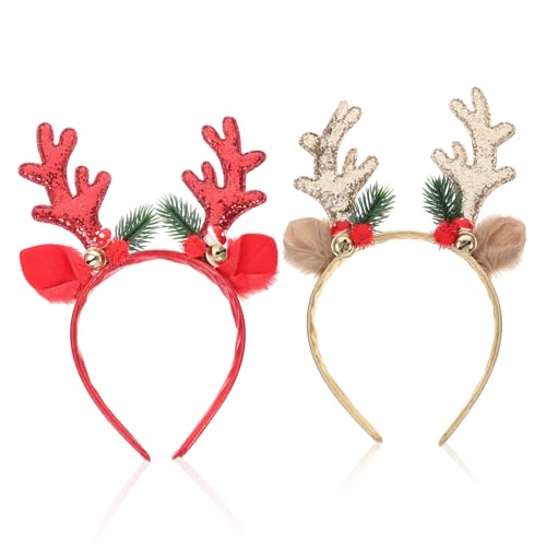 CLISPEED 2 Stück Weihnachtliches Rentiergeweih Haarreif Teilig mit Glitzerpilz Design in Rot und Gold Festlicher Haarschmuck für Frauen und Verstellbar für Weihnachtsfeiern und Foto von CLISPEED