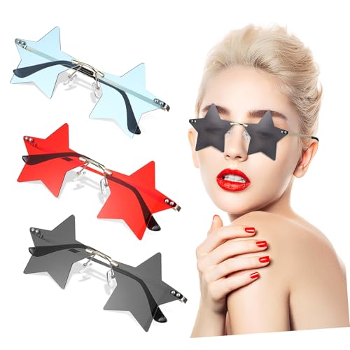 CLISPEED 3 Paare Sternförmige Sonnenbrillen Goldrahmen mit Schwarz Rot und Hellblau Gläsern Trendige Partybrillen für Damen und Herren Rahmenlose Dekorative Brillen für Disco Retro und von CLISPEED