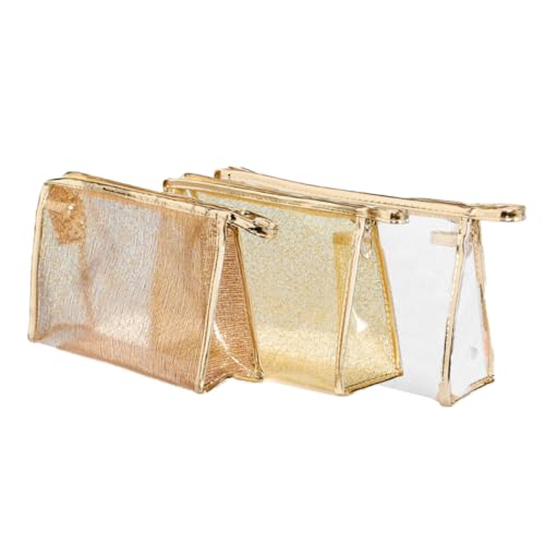 CLISPEED 3 Stück Teiliges Transparentes TPU Kosmetikset mit Goldfaden wasserdichte Schminktaschen mit Reißverschluss Multifunktionale Kulturtaschen für Damen Reise und Alltag Weiß Kaffee von CLISPEED