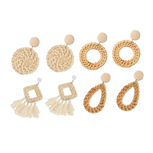 CLISPEED 4 Paare Handgefertigte Geometrische Geflochtene Strohringohrringe Damen Ohrschmuck Personality Ohrstecker Braune Lange Ohrhänger Für Mädchen Und Frauen von CLISPEED