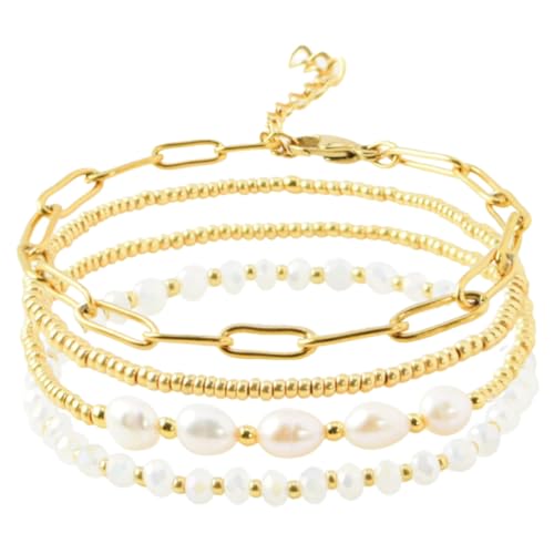 CLISPEED 4 Stück Goldplattierte Perlenarmbänder Damen Set Trendige Kristallarmbänder Komfortabel Schmuck für Freundin Frau Geschenk zu Valentinstag Weihnachten von CLISPEED