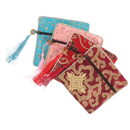 CLISPEED 4 Stück Teiliges Satin Schmucktaschen mit Stickerei Kompakte Reise Schmuck Organizer Weiche Kosmetiktasche mit Reißverschluss Stilvolle Aufbewahrungstaschen für Damen in Rot von CLISPEED
