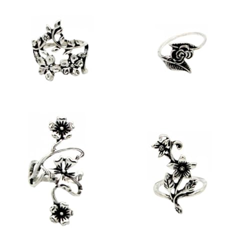 CLISPEED 4 Stück Teiliges Vintage Blumenring aus Hochwertiger Legierung Verstellbare Damen Fingerringe mit Retro Blattdesign Hautfreundlich Leicht Langlebig Modischer Schmuck für Alltag von CLISPEED