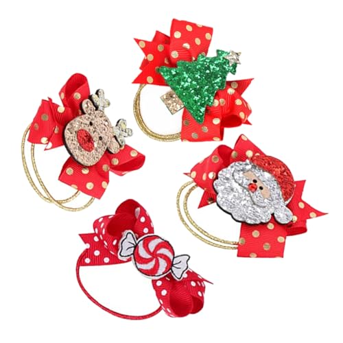 CLISPEED 4 Stück Teiliges Weihnachts Haargummi mit Glitzernden Schleifen Elastische Haargummis für Mädchen Festliche Ponytail Bänder mit Weihnachtsmann Rentier Baum und Zuckerstange von CLISPEED