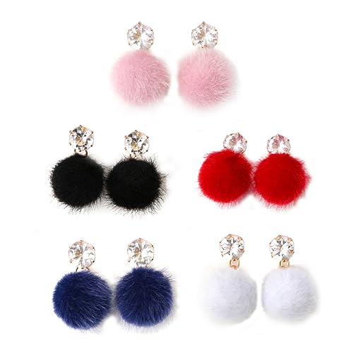 CLISPEED Flauschige Damen Ohrringe Mit Pompons 5 Paar Ohrschmuck Aus Kunstfell Modische Ohrstecker Für Frauen Geschenkidee in Verschiedenen Farben Leicht Kombinierbare Haarballen Ohrringe von CLISPEED