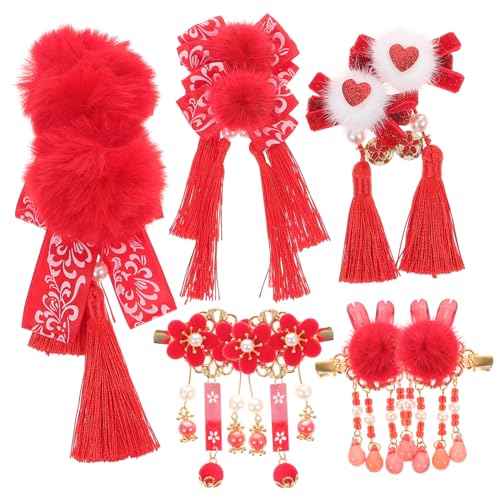 CLISPEED 5 Paare Mädchen Haarspangen Chinesischer Stil Neujahr Haarklammern Rot Fuzzy Pompon Haarnadeln mit Schleife Hase Blume Festliche Haarschmuck für Mädchen von CLISPEED