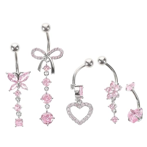 CLISPEED 5 Stück Teiliges Bauchnabelpiercing aus Edelstahl mit Funkelnden Zirkonia Komfortabel und Elegant für Damen Modischer Bauchnabelschmuck mit Herz und Blumenanhänger von CLISPEED