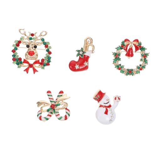 CLISPEED 5 Stück Teiliges Weihnachtsbroschen aus Hochwertiger Legierung mit Cartoon Motiven Schneemann Weihnachtsstrumpf Glocke und Schleife Langlebig Farbintensiv für Damen und Mädchen von CLISPEED