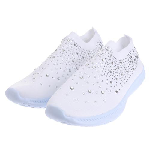 CLISPEED Atmungsaktive Damen Loafers mit Strassbesatz Bequeme Flache Sportschuhe Federnde Sohlen Leichte Barfußschuhe für Alltag und Walking Weiß von CLISPEED