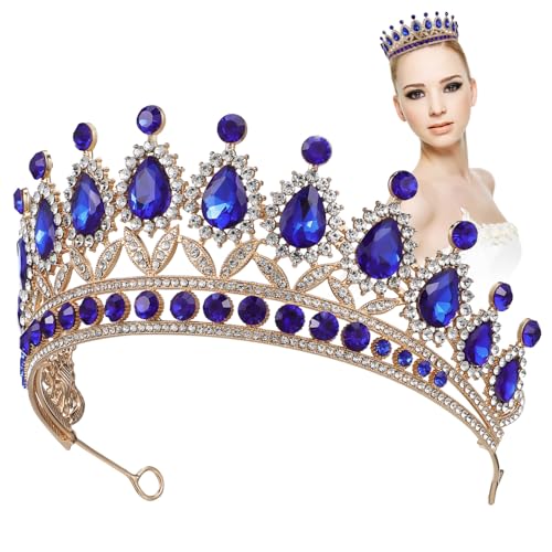 CLISPEED Barock Strass Krone für Damen Funkelnde Tiara mit Wasserfall Rhinestones Eleganter Haarschmuck für Hochzeit Geburtstag Ball und Brautaccessoire Gold Blau von CLISPEED
