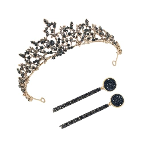 CLISPEED Barocke Vintage Brautkrone Teilig mit Tiara und Ohrringen Eleganter Haarschmuck für Hochzeit Party und Besondere Anlässe Schwarze Königinnen Krone von CLISPEED