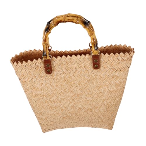 CLISPEED Beige Geflochtene Strohtasche mit Bambusgriff Geräumige Weiche Handtasche für Damen Vielseitige Sommer Strandtasche Handgefertigt Langlebig für Urlaub und Alltag von CLISPEED