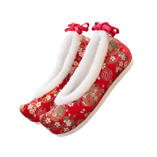 CLISPEED Bestickte Chinesische Ethno Stoffschuhe mit Verstecktem Absatz Leichte Flache Hanfu Slipper für Damen Traditionelles Design rutschfeste Gummisohle Vintage und Bequem Rot von CLISPEED