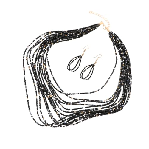 CLISPEED Bohemian Stil Perlenkette Ohrstecker Mehrschichtige Schwarze Halskette und Ohrringe Modischer Schmuck für Damen Geeignet für Hochzeit Party Abendveranstaltung von CLISPEED