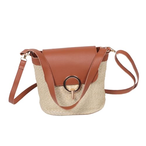 CLISPEED Braune Handgewebte Strohtasche Boho Crossbody Bucket Bag für Damen Strapazierfähige Strandtasche mit Handyfach Sommerliche Natürliche Schultertasche für Freizeit und Stadt von CLISPEED