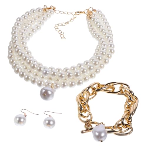 CLISPEED Braut Perlenschmuck Damen Teilig Hochzeits Schmuckset mit Mehrschichtiger Perlenkette Goldfarben Armband Doppelverschluss und Perlen Anhänger Ohrringe für Besondere Anlässe von CLISPEED