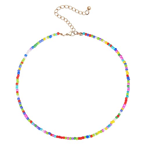 CLISPEED Bunte Perlenkette Damen Boho Halskette mit Dünnen Farbenfrohen Reisperlen Leichte Einzel Layer Schmuck für Frauen und Mädchen Modisches Accessoire für Strand Party und Alltag von CLISPEED