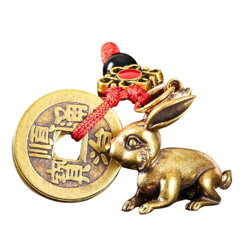 CLISPEED Chinesisches Jahr Schlüsselanhänger aus Reinem Kupfer Rabbit Design mit Feng Shui Fünf Dynastien Münzen und Band Leichter Attraktiver Taschen und Autoschlüssel Anhänger Positive von CLISPEED